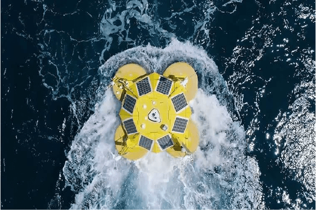 Futuristic machine floating in the Aeolian Sea with dramatic ocean landscape