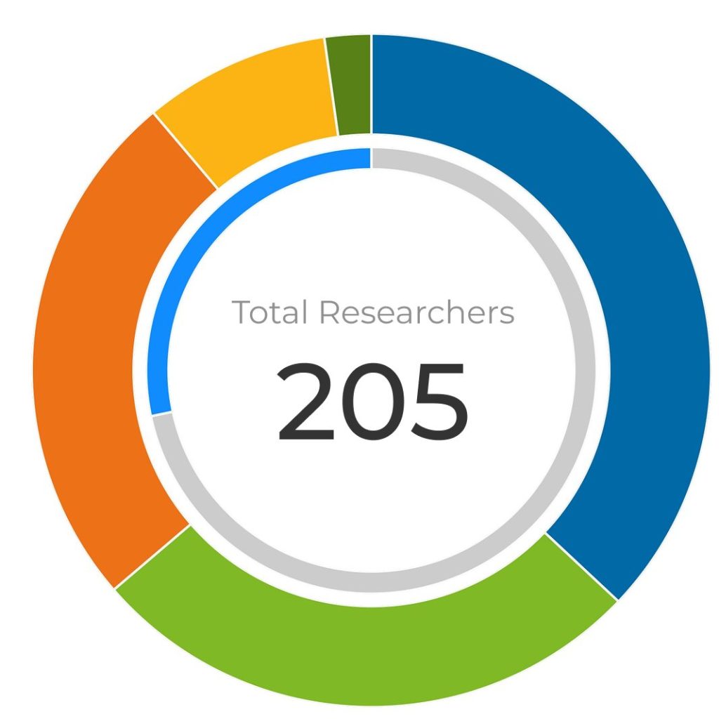 Donut chart and data table showing the composition of 205 total members by professional category and gender.