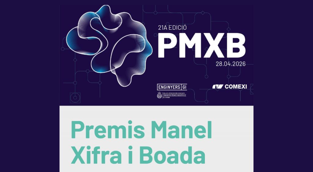 Promotional banner for the 21st edition of the Manel Xifra i Boada Awards (PMXB), dated April 28, 2026, featuring a blue abstract brain-like graphic on a dark purple background.