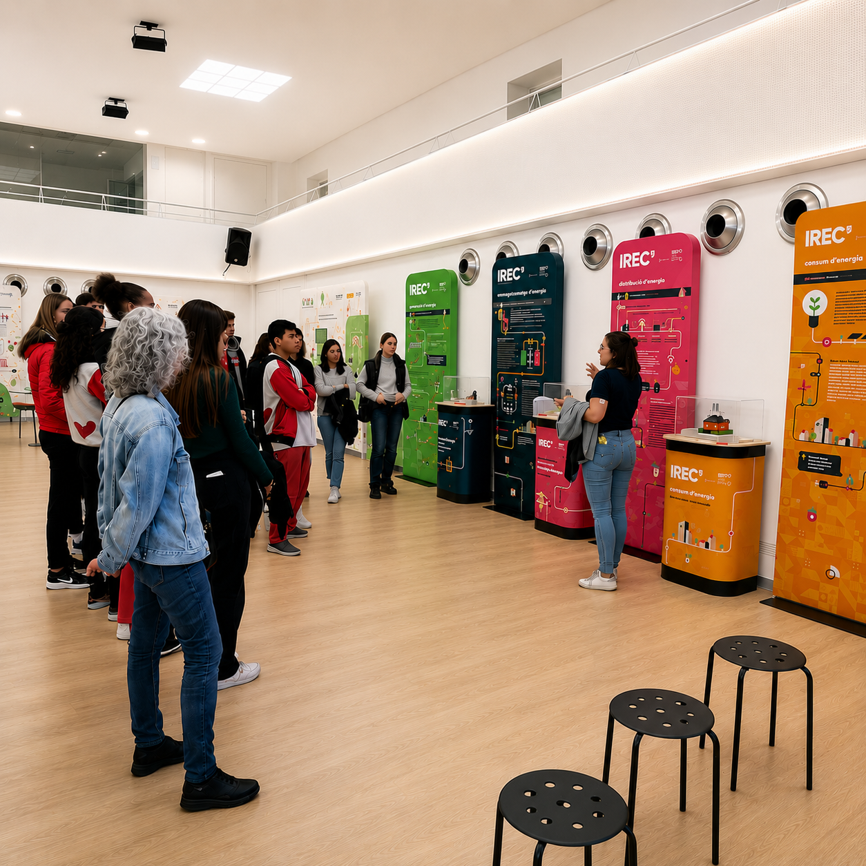 A group of students and a teacher attend an explanation in front of the interactive modules and panels of the traveling exhibition on energy transition in a spacious conference room with wooden flooring.