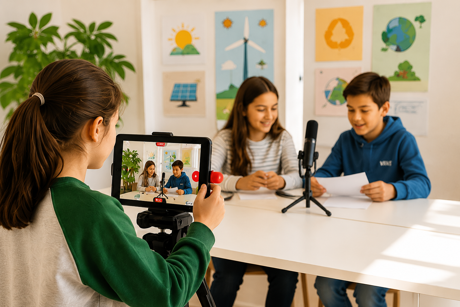 A student in the foreground records two classmates with a tablet mounted on a tripod as they present a video podcast format with microphones at a table to communicate scientific content about climate change.