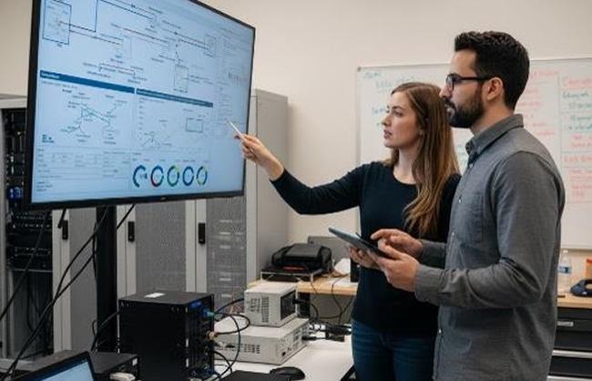 Technical team using a tablet and interactive screen to analyze clean technology data during an R&D and training session.