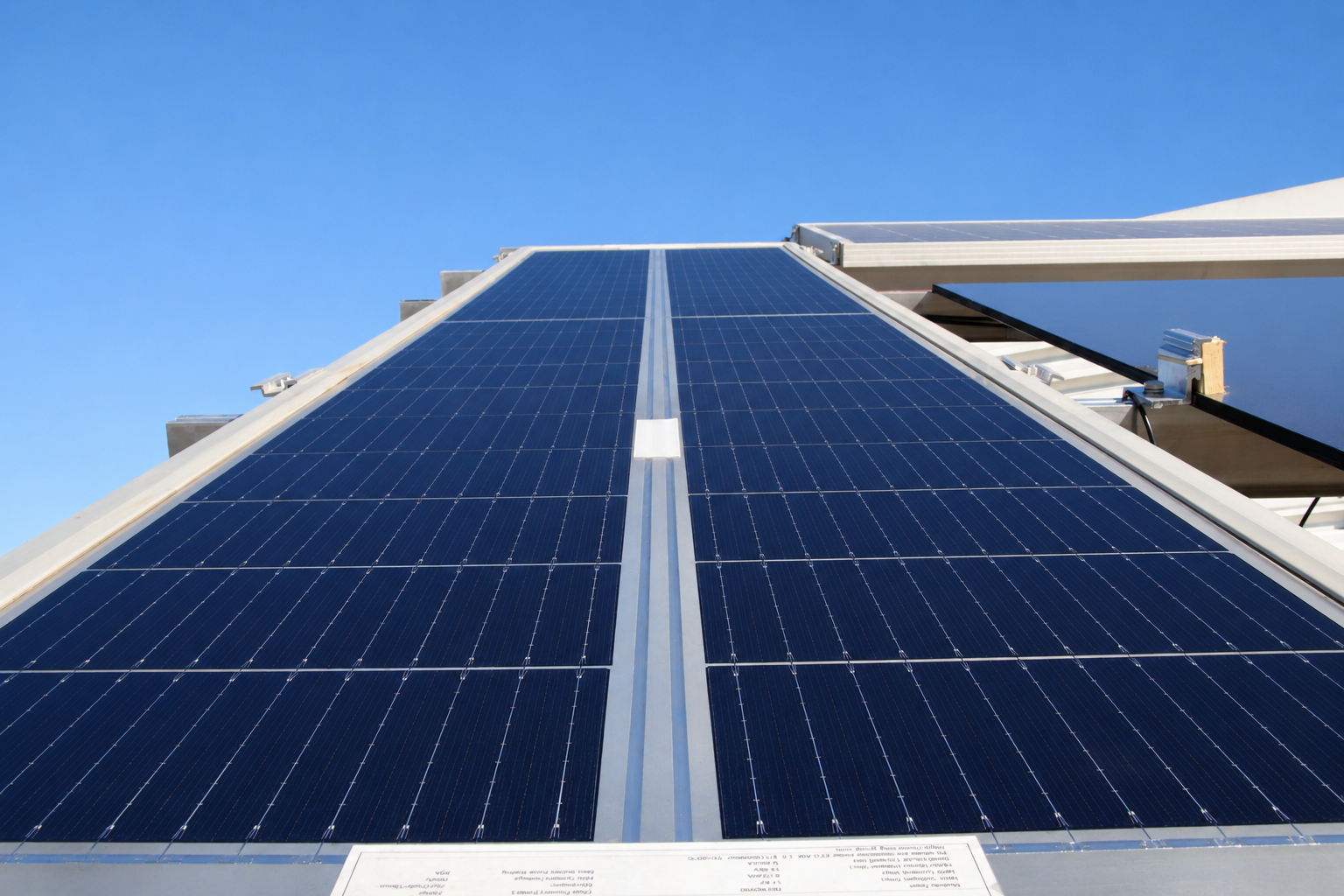 Solar power panels viewed from above towards the sky