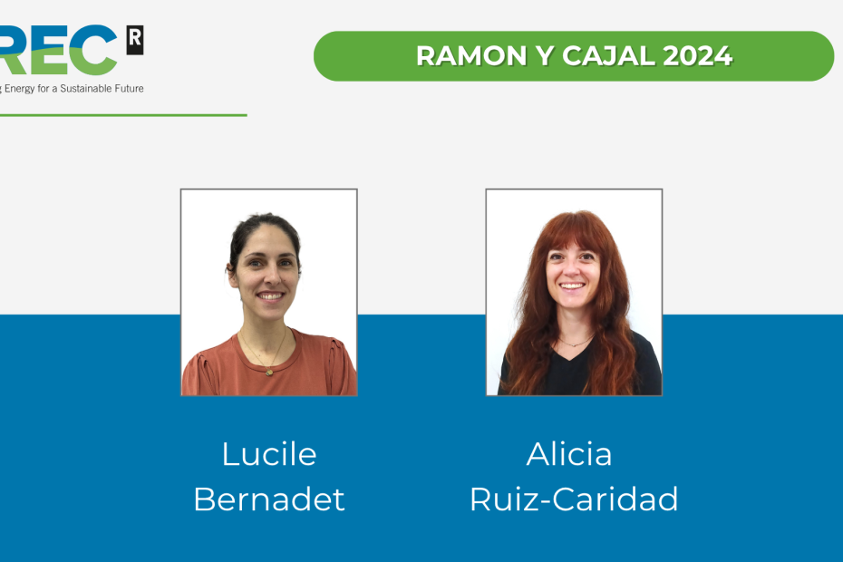 Corporate graphic announcing Ramón y Cajal 2024 fellowships awarded to IREC researchers Lucile Bernadet and Alicia Ruiz-Caridad.