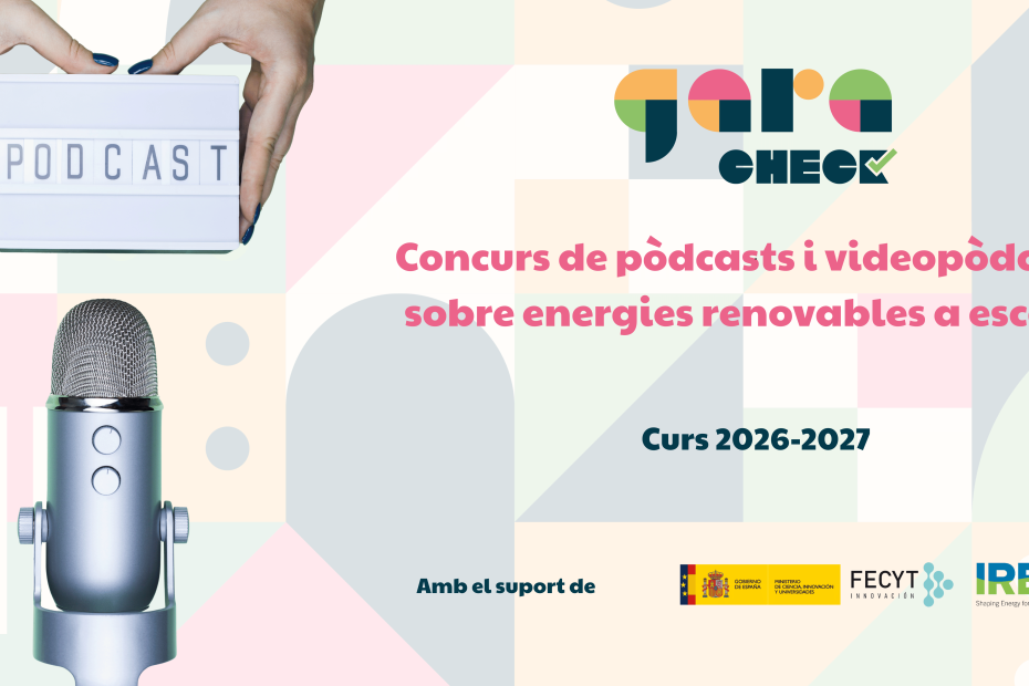 Promotional banner for the Gara CHECK Awards competition on renewable energy podcasts and videopodcasts for schools in Catalonia.